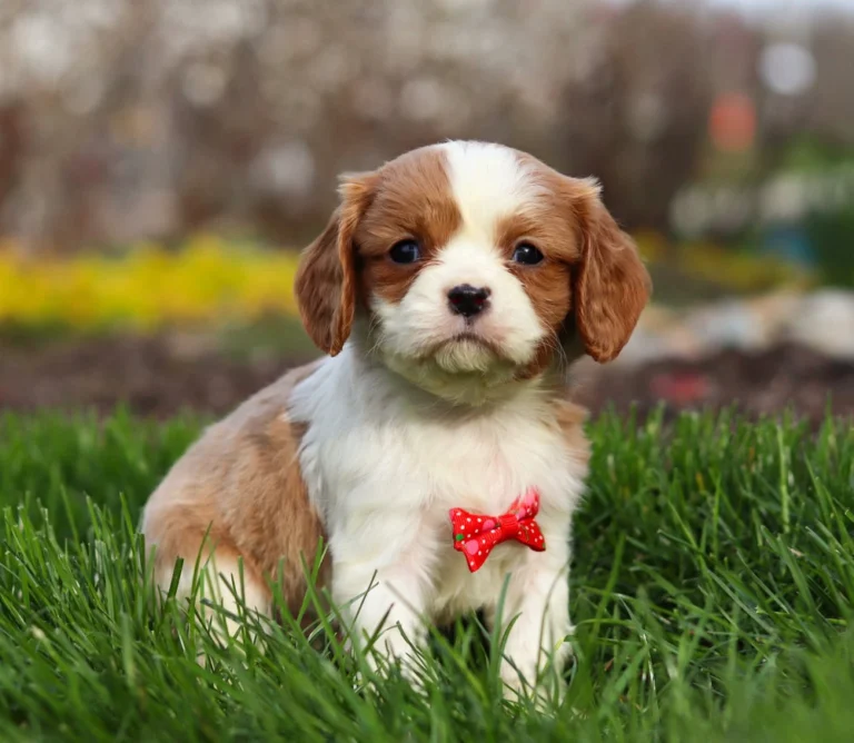 Blenheim Cavalier puppy posing for a picture in the grass