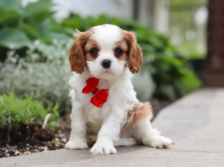Cavalier puppy posing on the sidewalk.