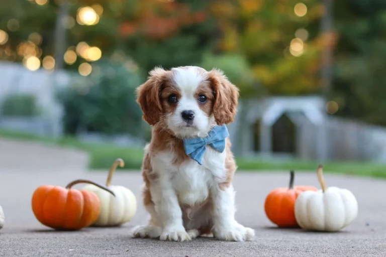 An adorable Blenheim Cavalier puppy posing