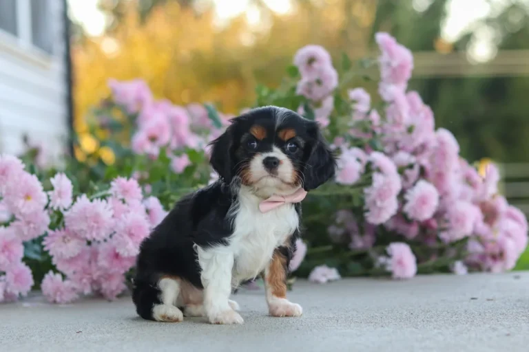 An adorable Tricolor Cavalier King Charles Spaniel puppy sitting in front of pink flowers.
